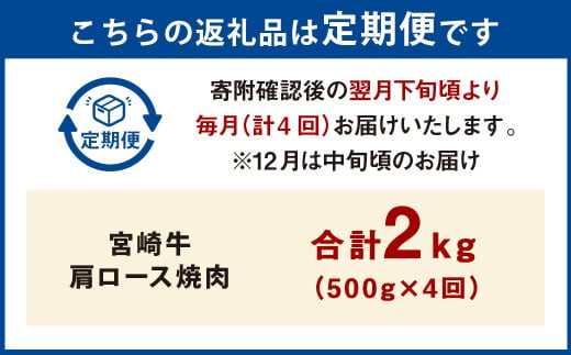 【4ヶ月定期便】＜宮崎牛肩ロース焼肉 500g（1パック：500g×4回）＞ お申込みの翌月下旬頃に第一回目発送（12月は中旬頃） 牛肉 お肉 肉 和牛