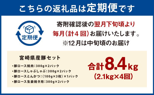 【4ヶ月定期便】＜宮崎県産豚セット（計2.1kg×4回）＞ お申込みの翌月下旬頃に第一回目発送（12月は中旬頃） 豚肉 お肉 肉