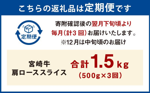 【3ヶ月定期便】＜宮崎牛肩ローススライス 500g（1パック：500g×3回）＞ お申込みの翌月下旬頃に第一回目発送（12月は中旬頃） 牛肉 お肉 肉 和牛