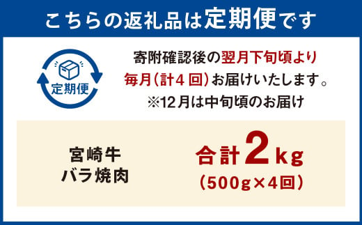 【4ヶ月定期便】＜宮崎牛バラ焼肉 500g（1パック：500g×4回）＞ お申込みの翌月下旬頃に第一回目発送（12月は中旬頃） 牛肉 お肉 肉 和牛