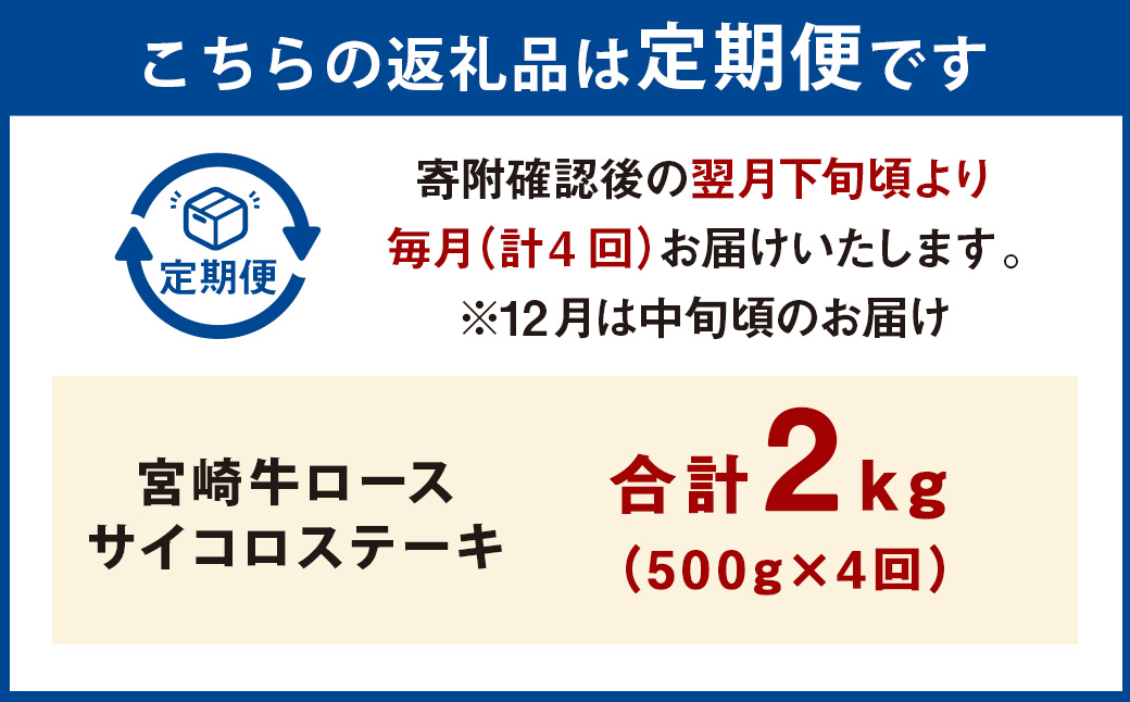 【4ヶ月定期便】＜宮崎牛ロースサイコロステーキ 500g（1パック：500g×4回）＞お申込みの翌月下旬頃に第一回目発送（12月は中旬頃） 牛肉 お肉 肉 和牛 新生活応援 卒業祝い 就職祝い 入学 卒業 お花見 引越し