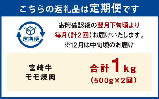 【2ヶ月定期便】＜宮崎牛モモ焼肉 500g（1パック：500g×2回）＞ お申込みの翌月下旬頃に第一回目発送（12月は中旬頃）牛肉 お肉 肉 和牛