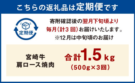 【3ヶ月定期便】＜宮崎牛肩ロース焼肉 500g（1パック：500g×3回）＞ お申込みの翌月下旬頃に第一回目発送（12月は中旬頃） 牛肉 お肉 肉 和牛