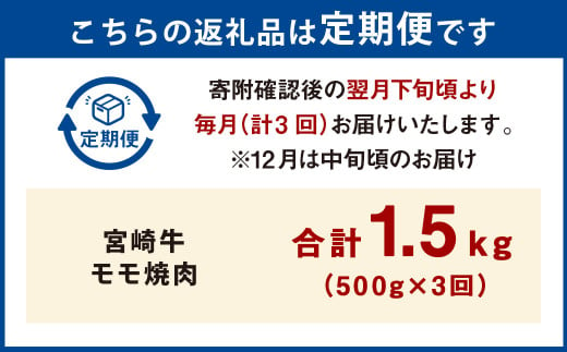 【3ヶ月定期便】＜宮崎牛モモ焼肉 500g（1パック：500g×3回）＞ お申込みの翌月下旬頃に第一回目発送（12月は中旬頃） 牛肉 お肉 肉 和牛