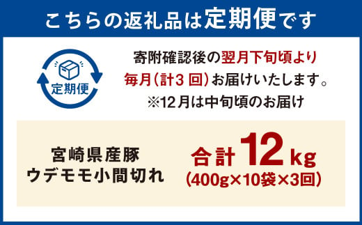 【3ヶ月定期便】＜宮崎県産豚 ウデモモ 小間切れ 400g×10袋（10袋×3回）＞ お申込みの翌月下旬頃に第一回目発送（12月は中旬頃） 豚肉 お肉 肉