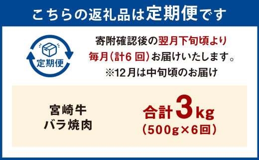 【6ヶ月定期便】＜宮崎牛バラ焼肉 500g（1パック：500g×6回）＞ お申込みの翌月下旬頃に第一回目発送（12月は中旬頃） 牛肉 お肉 肉 和牛