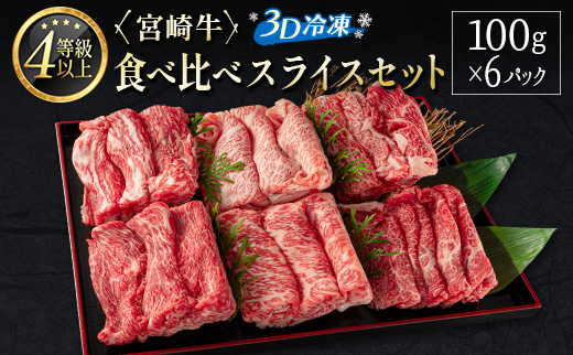 ＜3D冷凍＞宮崎牛食べ比べスライスセット（100g×6種類）肉質等級4等級 牛肉 ブランド すき焼き しゃぶしゃぶ【C350-24-30】