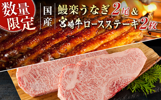 ＜イチオシ！＞鰻楽 国産うなぎ2尾＆宮崎牛ロースステーキ2枚500g【C129-2503】