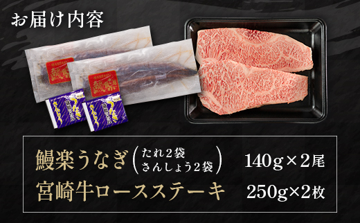 ＜イチオシ！＞鰻楽 国産うなぎ2尾＆宮崎牛ロースステーキ2枚500g【C129-2503】