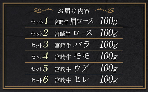 ＜3D冷凍＞宮崎牛食べ比べ焼肉セット（100g×6種類）肉質等級4等級 牛肉 ブランド【C349-24-30】