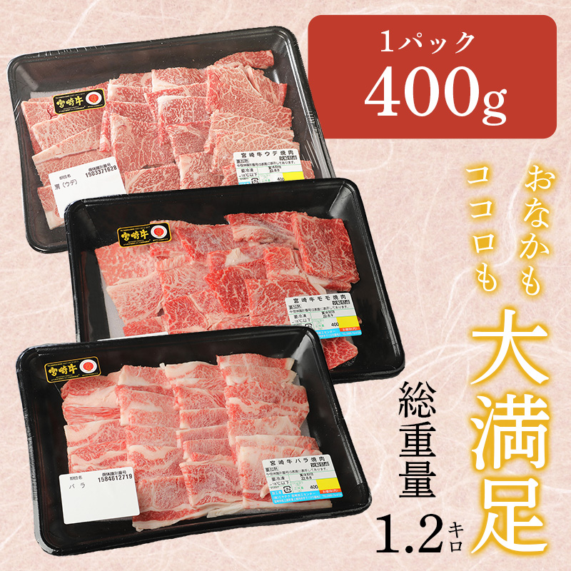 宮崎牛 ウデ モモ バラ 焼肉用 各400ｇ K18_0031_3