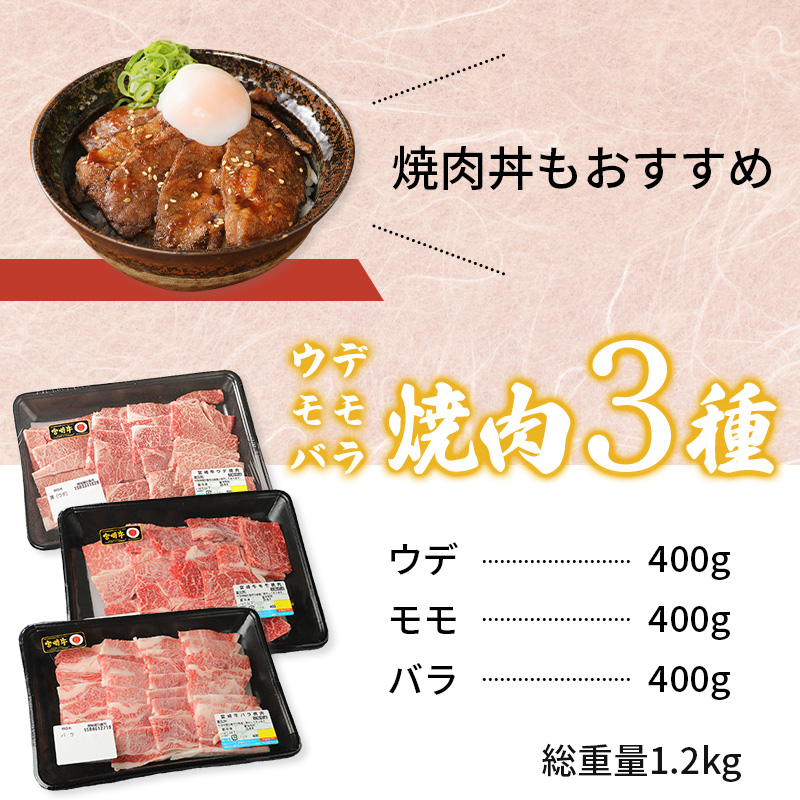 宮崎牛 ウデ モモ バラ 焼肉用 各400ｇ K18_0031_3