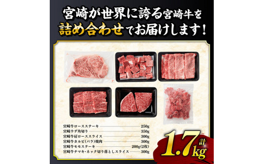 宮崎牛６種 詰め合わせ 1.7kg 【 肉 牛肉 宮崎牛 黒毛和牛 ロースステーキ ウデ 肩ロース チマキ ネック カルビ 焼肉 ミヤチク 】