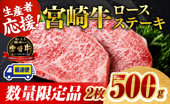 ※最速便※ 生産者応援！宮崎牛ロースステーキ2枚　計500g【 肉 牛肉 宮崎県産 黒毛和牛ミヤチク】
