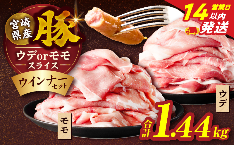 【14営業日以内発送】≪訳あり≫宮崎県産豚スライス(ウデorモモ)&粗挽きウインナーセット合計1.44kg 肉 豚 豚肉 おかず 国産_T030-2056-14E