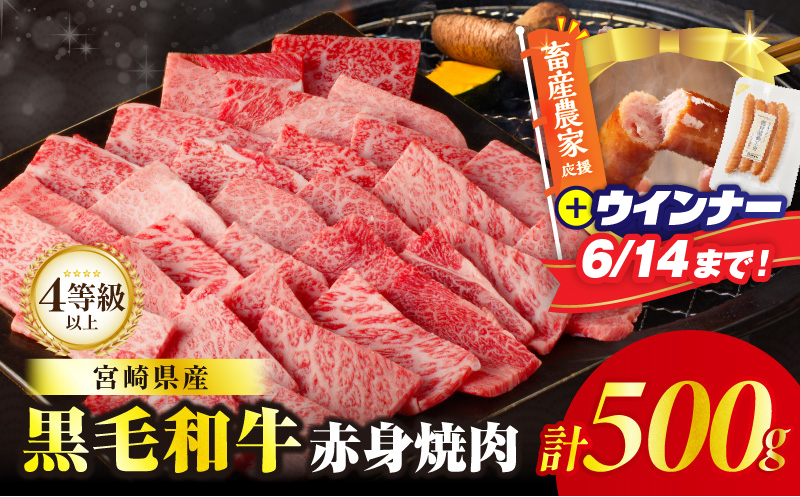 【畜産農家応援!!】≪肉質等級4等級以上≫黒毛和牛赤身焼肉(計500g)＆粗挽きウインナー 肉 牛 牛肉 国産_T030-0926-U