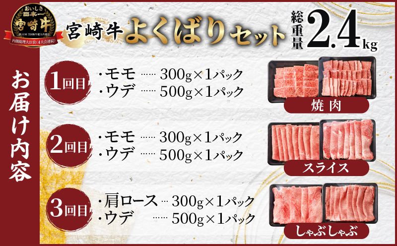 3か月お楽しみ定期便『宮崎牛よくばりセット』総重量2.4kg 肉 牛 牛肉 おかず 国産_T030-021-MP