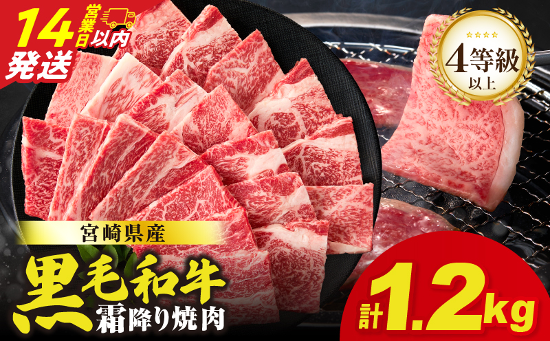 【14営業日以内発送】【畜産農家応援!!】≪肉質等級4等級以上≫宮崎県産黒毛和牛霜降り肩ロース(焼肉)計1.2kg 肉 牛 牛肉 おかず 国産_T030-1946-14E
