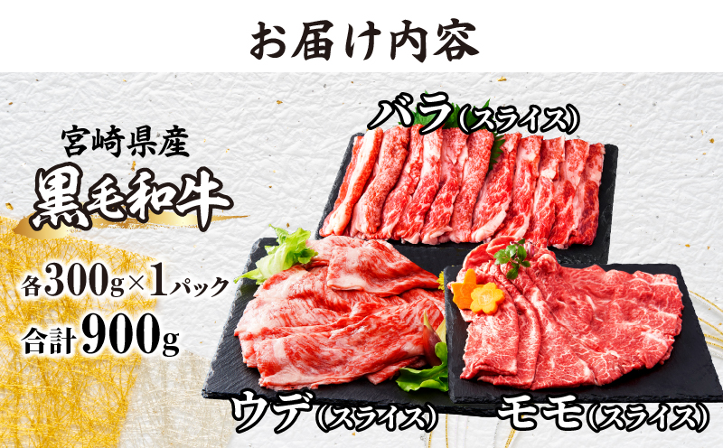生産者応援≪肉質等級4等級以上≫黒毛和牛ウデ・モモ・バラスライスセット（合計900g）_T030-096-MP