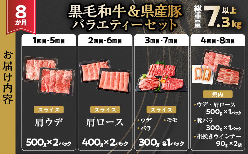 【内容量見直し予定!!】≪8か月定期便≫黒毛和牛＆県産豚バラエティーセット(総重量7.3kg以上) 肉 牛 牛肉 おかず 国産_T030-145-MP