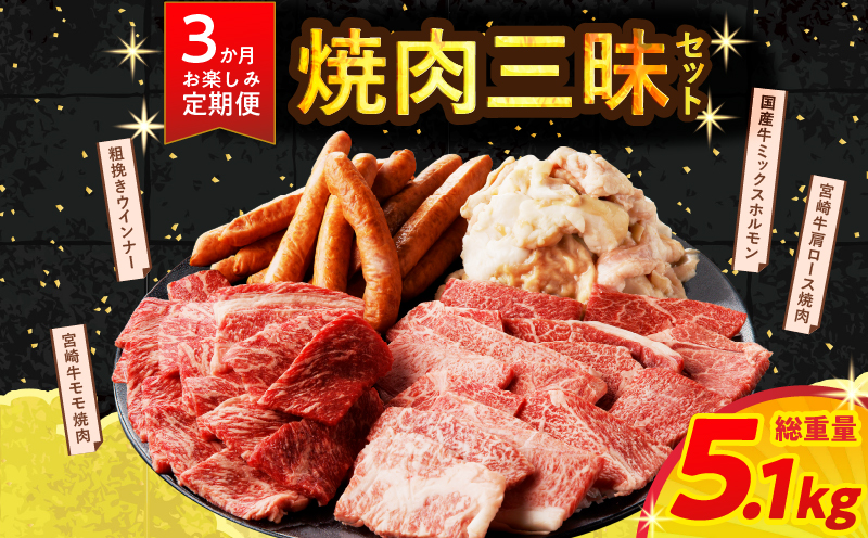 ≪3か月お楽しみ定期便≫ミヤチク焼肉三昧セット(総重量5.1kg) 肉 牛 牛肉 豚肉 国産_T030-061-MP