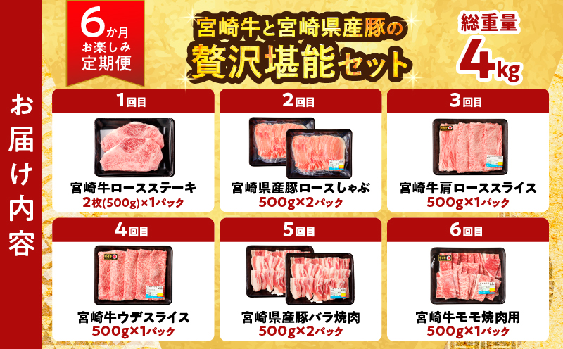 ≪6か月お楽しみ定期便≫宮崎の牛豚贅沢堪能セット(総重量4kg) 肉 牛肉 豚肉 おかず 国産_T030-064-MP