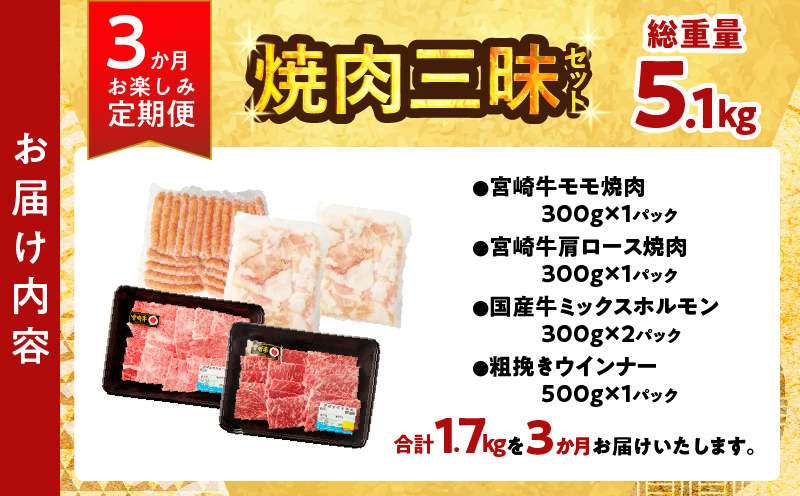 ≪3か月お楽しみ定期便≫ミヤチク焼肉三昧セット(総重量5.1kg) 肉 牛 牛肉 豚肉 国産_T030-061-MP