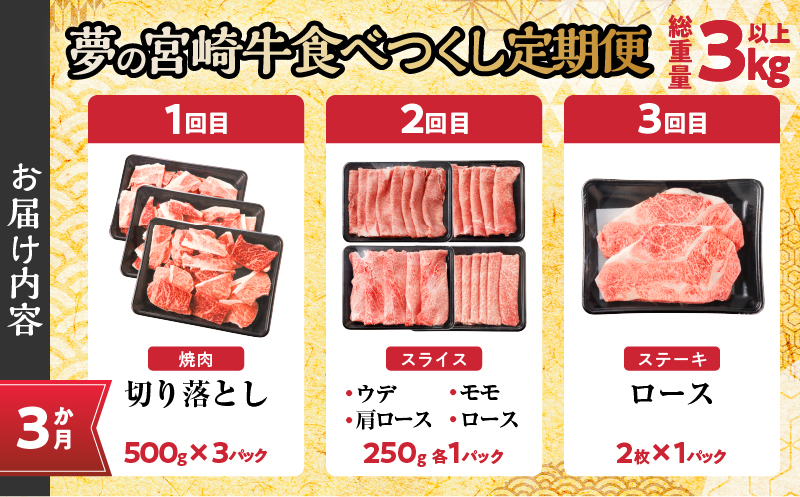 ≪3か月定期便≫夢の宮崎牛食べつくしセット(総重量3kg以上) 肉 牛 牛肉 おかず 国産_T030-067-MP