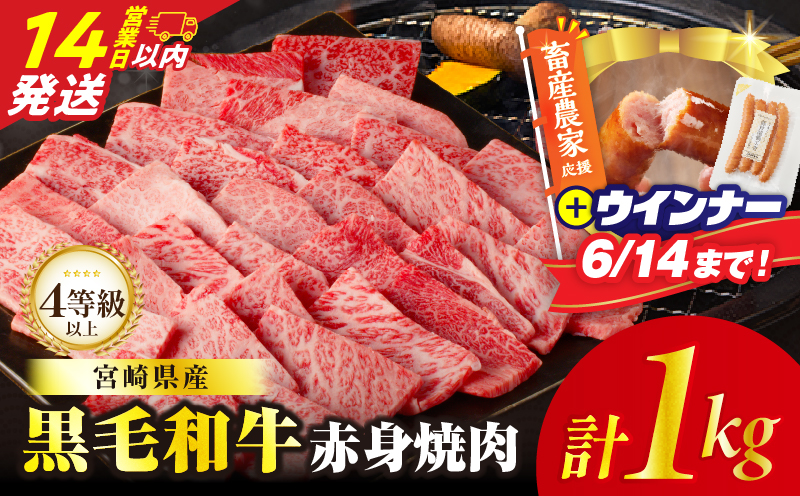 【14営業日以内発送】【畜産農家応援!!】≪肉質等級4等級以上≫黒毛和牛赤身焼肉(計1kg)＆粗挽きウインナー 肉 牛 牛肉 国産_T030-0936-U-14E