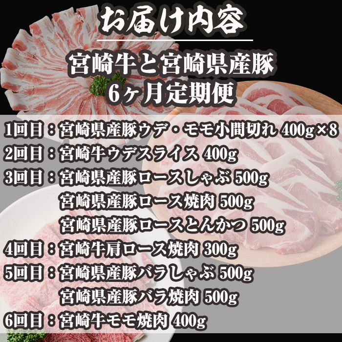 ＜定期便・全6回(連続)＞宮崎牛と県産豚の定期便(総量6.8kg)  牛肉 豚肉 もも 肉 肩ロース ウデ しゃぶしゃぶ 焼肉 豚バラ BBQ 精肉 小間切れ 豚小間 豚こま お取り寄せ 黒毛和牛 ブランド和牛 冷凍 国産【R-81】【ミヤチク】