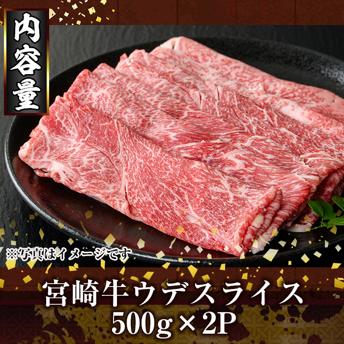 宮崎牛ウデスライス(1kg・500g×2P) お肉 牛肉 黒毛和牛 ブランド和牛 冷凍 国産 しゃぶしゃぶ すき焼き ウデ 【R-97】【ミヤチク】