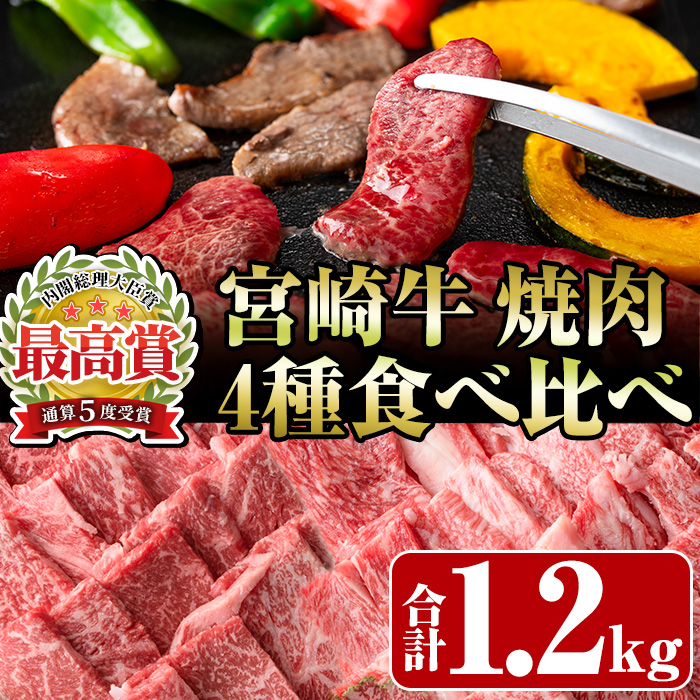 宮崎牛4種食べ比べ焼肉(合計1.2kg)  牛肉 もも 肉 焼肉 肩ロース ウデ バラ BBQ 精肉 お取り寄せ 黒毛和牛 ブランド和牛 冷凍 国産【R-86】【ミヤチク】