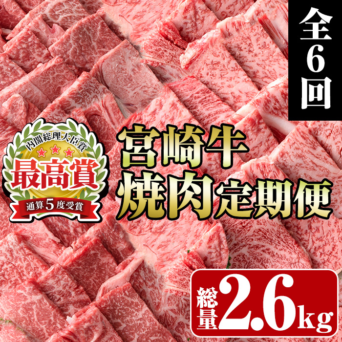 ＜定期便・全6回(連続)＞宮崎牛焼肉定期便(総量2.6kg) 牛肉 もも 肉 肩ロース ウデ BBQ 精肉 お取り寄せ 黒毛和牛 ブランド和牛 冷凍 国産【R-79】【ミヤチク】