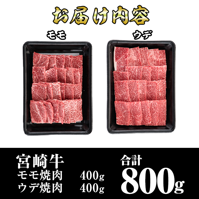 宮崎牛焼肉セット(合計800g・400g×2種)モモ ウデ 牛肉 肉 ブランド牛 黒毛和牛 BBQ 食べ比べ 冷凍 国産 宮崎県 門川町【R-74】【ミヤチク】