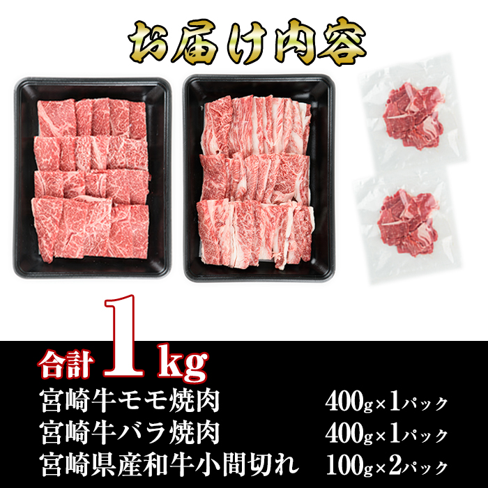 宮崎牛焼肉セット(合計:1kg)モモ焼肉(400g)バラ焼肉(400g)宮崎県産和牛小間切れ(100g×2)牛肉 鍋 精肉 お肉 BBQ お取り寄せ すき焼き しゃぶしゃぶ 黒毛和牛 ブランド和牛 冷凍 国産【R-56】【ミヤチク】