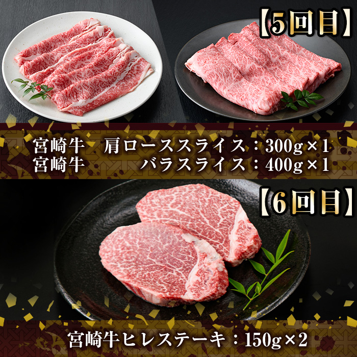 【定期便・全6回(連続)】宮崎牛定期便＜Aセット＞お楽しみ便 牛肉 国産 定期 ヒレ肉 モモ ウデ ロース バラ スライス 宮崎県産 黒毛和牛 焼肉 ステーキ しゃぶしゃぶ すき焼き【R-67】【株式会社ミヤチク】