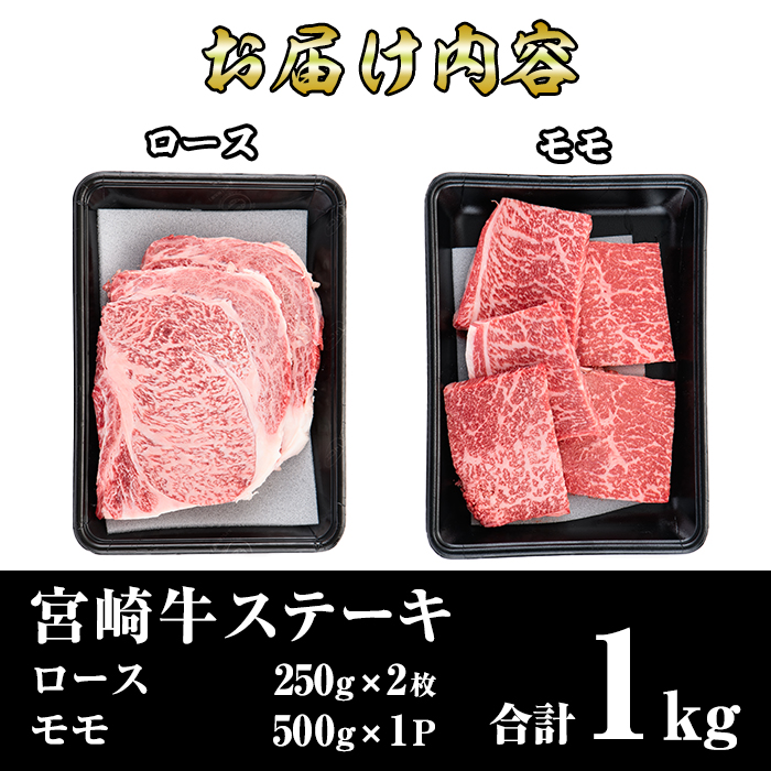 宮崎牛ステーキ(ロース・モモ)セット(合計1kg・各500g)国産 宮崎県産 牛肉 お肉 黒毛和牛 冷凍【R-77】【ミヤチク】