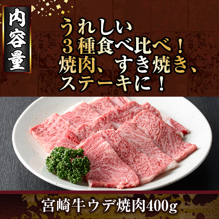 宮崎牛3種食べ比べ(合計1.1kg) 牛肉 もも 肉 焼肉 肩ロース ウデ スライス しゃぶしゃぶ すき焼き BBQ サイコロ ステーキ 精肉 お取り寄せ 黒毛和牛 ブランド和牛 冷凍 国産【R-85】【ミヤチク】