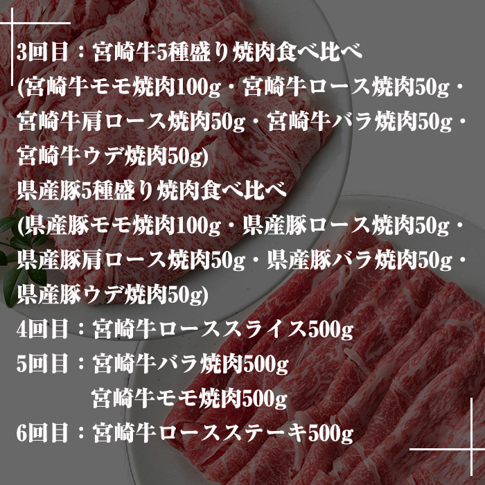 【定期便・全6回(連続)】宮崎牛・県産豚豪華バラエティ定期便 お肉 豚肉 牛肉 黒毛和牛 ブランド和牛 冷凍 国産 しゃぶしゃぶ すき焼き 焼肉 BBQ ロース ウデ モモ 赤身 食べ比べ 【R-99】【ミヤチク】