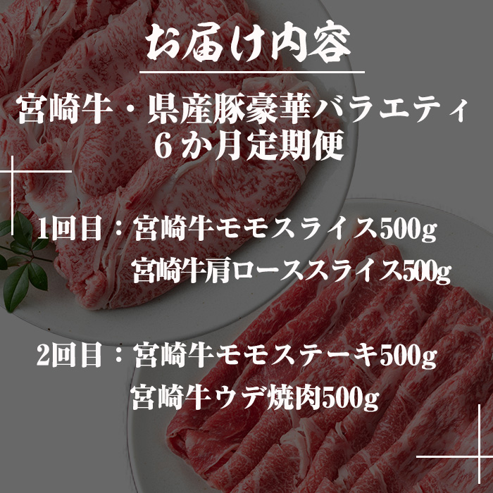 【定期便・全6回(連続)】宮崎牛・県産豚豪華バラエティ定期便 お肉 豚肉 牛肉 黒毛和牛 ブランド和牛 冷凍 国産 しゃぶしゃぶ すき焼き 焼肉 BBQ ロース ウデ モモ 赤身 食べ比べ 【R-99】【ミヤチク】