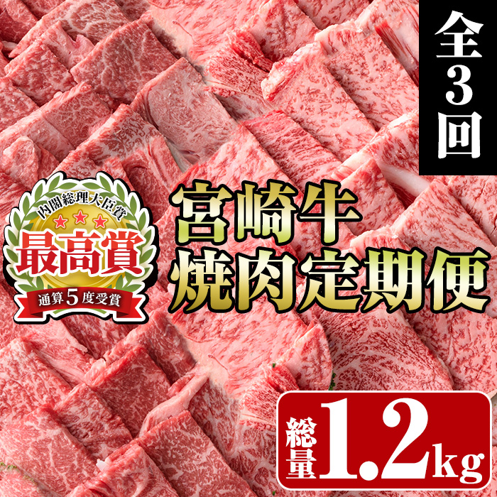 ＜定期便・全3回(連続)＞宮崎牛焼肉定期便(総量1.2kg) 牛肉 もも 肉 焼肉 肩ロース ウデ BBQ 精肉 お取り寄せ 黒毛和牛 ブランド和牛 冷凍 国産【R-83】【ミヤチク】