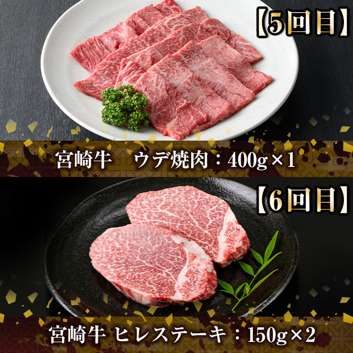 【定期便・全6回(連続)】宮崎牛定期便＜Bセット＞お楽しみ 牛肉 国産 定期 ヒレ肉 ひれにく モモ ウデ ロース バラ スライス 宮崎県産 黒毛和牛 焼肉 ステーキ しゃぶしゃぶ すき焼き【R-68】【株式会社ミヤチク】