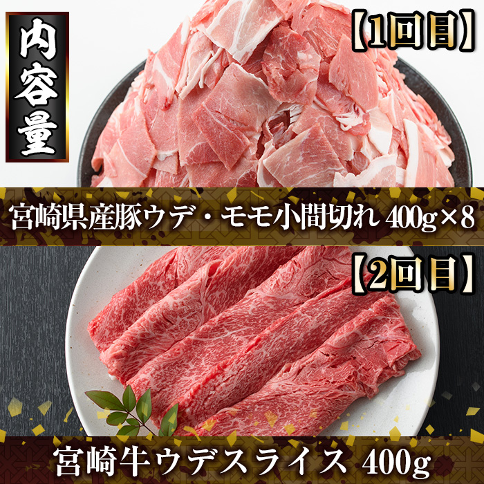 ＜定期便・全6回(連続)＞宮崎牛と県産豚の定期便(総量6.8kg)  牛肉 豚肉 もも 肉 肩ロース ウデ しゃぶしゃぶ 焼肉 豚バラ BBQ 精肉 小間切れ 豚小間 豚こま お取り寄せ 黒毛和牛 ブランド和牛 冷凍 国産【R-81】【ミヤチク】