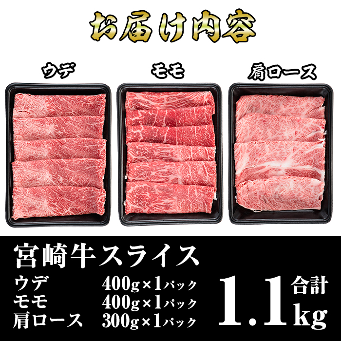 宮崎牛スライスセット(合計1.1kg)ウデ(400g)モモ(400g)肩ロース(300g)3部位食べ比べ牛肉 うで もも カタ すき焼き 肉巻き スライス 精肉 お肉 スライス お取り寄せ 黒毛和牛 ブランド和牛 冷凍 国産【R-76】【ミヤチク】