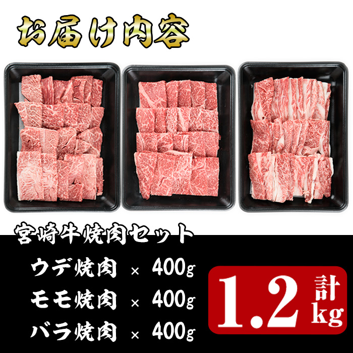 宮崎牛焼肉セット(合計1.2kg・ウデ焼肉400g、モモ焼肉400g、バラ焼肉400g)国産 九州産 宮崎県産 牛肉 黒毛和牛 和牛 焼き肉 霜降り 食べ比べ セット 冷凍 バーベキュー【R-55】【ミヤチク】