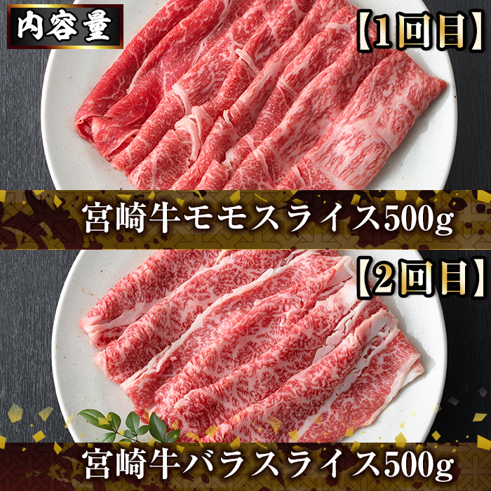 ＜定期便・全6回(連続)＞宮崎牛スライス定期便(総量2.9kg)  牛肉 肉 肩ロース ウデ バラ もも しゃぶしゃぶ すき焼き 精肉 お取り寄せ 黒毛和牛 ブランド和牛 冷凍 国産【R-80】【ミヤチク】