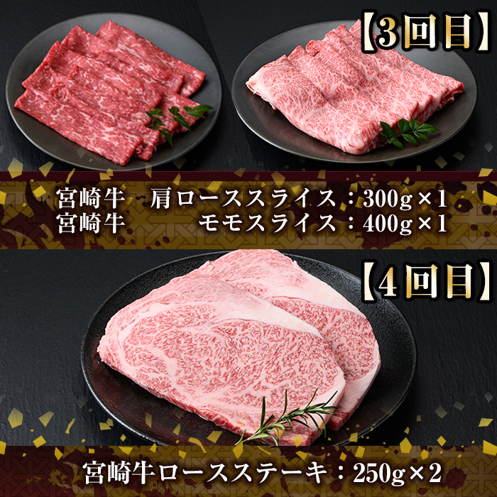 【定期便・全6回(連続)】宮崎牛定期便＜Aセット＞お楽しみ便 牛肉 国産 定期 ヒレ肉 モモ ウデ ロース バラ スライス 宮崎県産 黒毛和牛 焼肉 ステーキ しゃぶしゃぶ すき焼き【R-67】【株式会社ミヤチク】