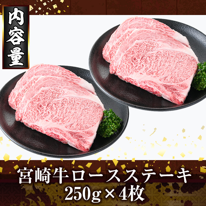 宮崎牛ロースステーキ(計1kg・250g×4) お肉 牛肉 黒毛和牛 ブランド和牛 冷凍 国産 焼肉 BBQ 【R-89】【ミヤチク】