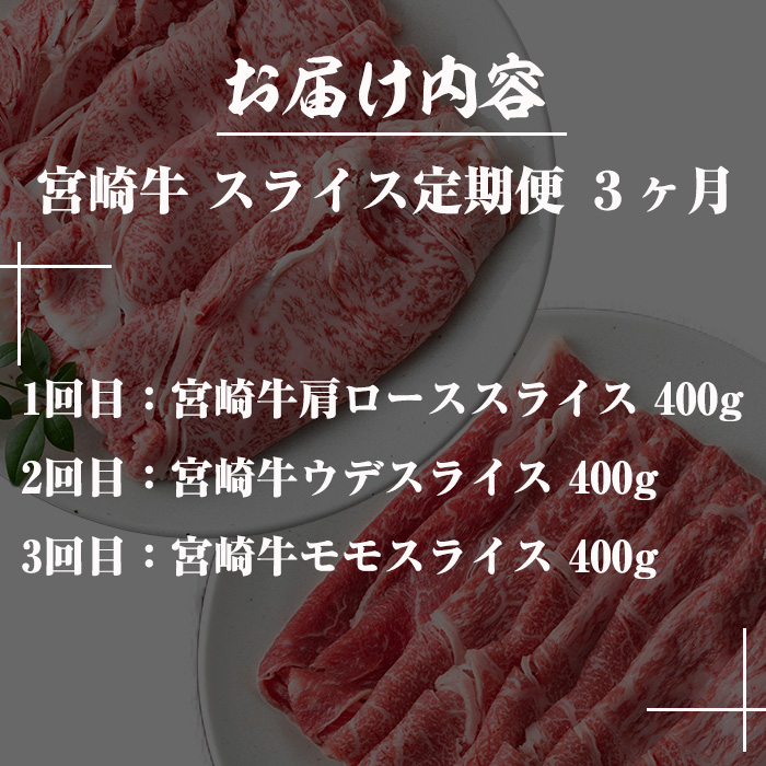 ＜定期便・全3回(連続)＞宮崎牛スライス定期便(総量1.2kg)  牛肉 もも 肉 焼肉 肩ロース ウデ スライス しゃぶしゃぶ すき焼き 精肉 お取り寄せ 黒毛和牛 ブランド和牛 冷凍 国産【R-84】【ミヤチク】