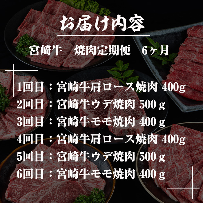 ＜定期便・全6回(連続)＞宮崎牛焼肉定期便(総量2.6kg) 牛肉 もも 肉 肩ロース ウデ BBQ 精肉 お取り寄せ 黒毛和牛 ブランド和牛 冷凍 国産【R-79】【ミヤチク】